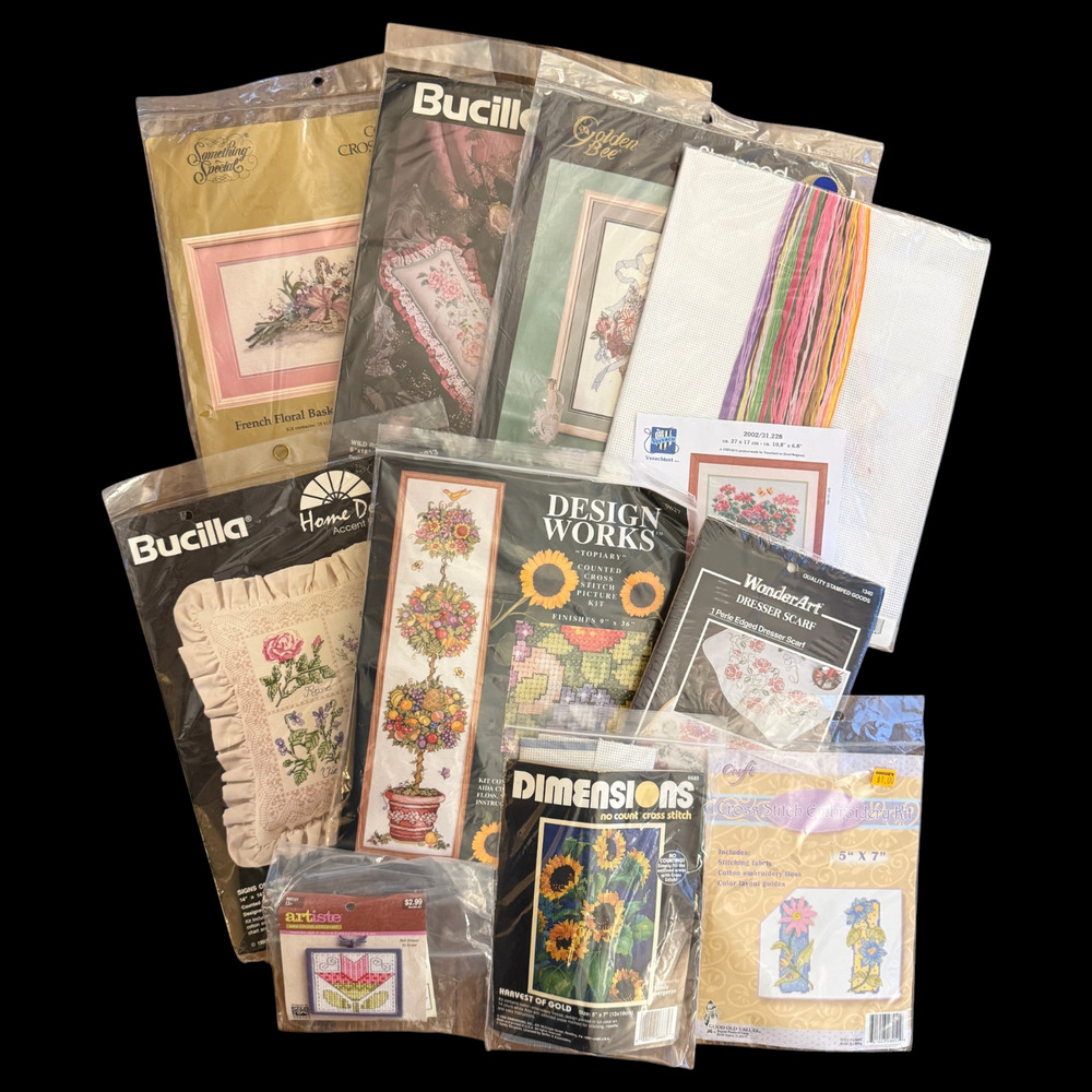 Lot of 10 Floral Cross Stitch Kits Dimensions Bucilla Sunflowers Pillow Rose NOS